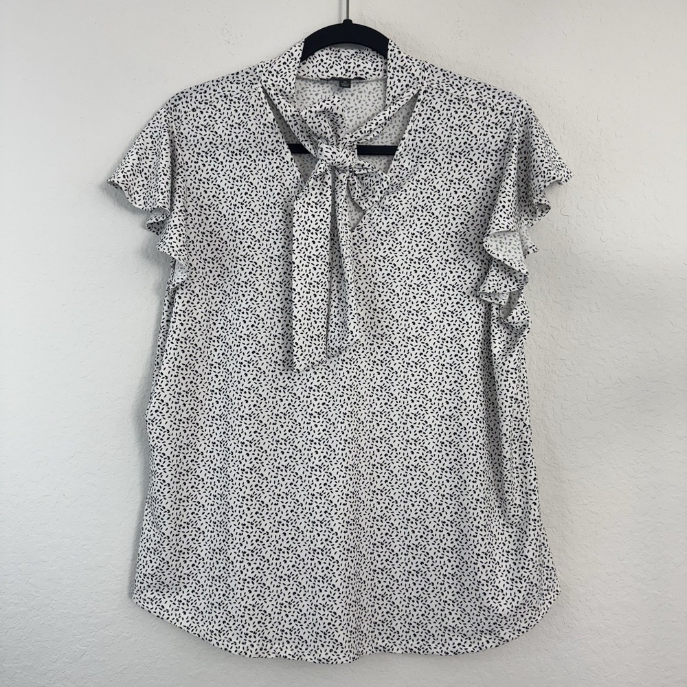 Adrianna Papell Tie Neck Flutter  Sleeve Blouse White Black Women XL Officecore